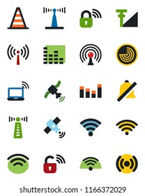 Color and black flat icon set - antenna vector, wireless notebook, border cone, radar, satellite, equalizer, mute, cellular signal, lock