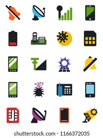 Color and black flat icon set - satellite antenna vector, virus, cell phone, low battery, mobile, back, sim, mute, cellular signal, office, sun panel