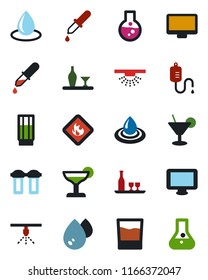 Color and black flat icon set - water drop vector, dropper, flammable, monitor, alcohol, drink, cocktail, filter, sprinkler, flask