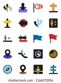 Color and black flat icon set - elevator vector, escalator, signpost, left arrow, wind, radar, route, pin, download, place tag, compass, flag, guidepost