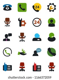 Color and black flat icon set - 24 around vector, office chair, phone, hours, support, speaker, radio, call, root setup, palm sproute