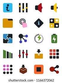 Color and black flat icon set - package vector, sorting, settings, touch screen, stop button, menu, folder, charge, application, sound, information, social media