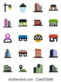 Color and black flat icon set - taxi vector, office building, garden light, navigation, store, city house, cafe, storefront
