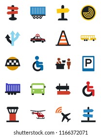 Color and black flat icon set - airport tower vector, plane radar, taxi, bus, parking, passport control, signpost, alarm car, border cone, helicopter, disabled, route, truck trailer, guidepost