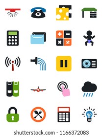 Color and black flat icon set - antenna vector, spoon and fork, baby, plane, book, calculator, desk, watering, rain, touch screen, pause button, mail, lock, air conditioner, phone, cheese, sprinkler
