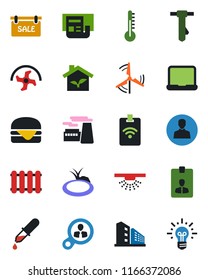 Color and black flat icon set - identity card vector, tie, factory, ripper, pond, dropper, user, news, notebook pc, windmill, sale, office building, hamburger, eco house, thermometer, radiator, pass