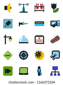 Color and black flat icon set - smoking place vector, reception bell, boarding, garden light, blood test vial, medical calendar, virus, tulip, antenna, fast forward, notes, cut, target, notebook pc