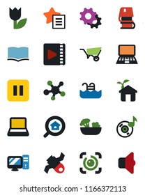 Color and black flat icon set - book vector, notebook pc, wheelbarrow, satellite, tulip, share, favorites list, pause button, settings, eye id, music, video, pool, estate search, salad, eco house