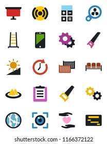 Color and black flat icon set - waiting area vector, calculator, presentation board, ladder, saw, heart hand, cargo container, clipboard, network, cell phone, settings, brightness, serviette, gear