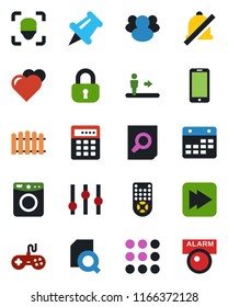 Color and black flat icon set - escalator vector, mobile phone, document search, fence, heart, gamepad, settings, remote control, group, paper pin, fast forward, menu, calendar, mute, face id, lock