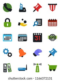 Color and black flat icon set - antenna vector, pennant, office binder, document search, calendar, glove, term, radio phone, call, bell, fingerprint id, drawing pin, lock, router, gear, investment