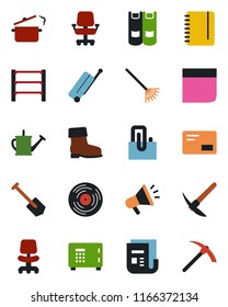 Color and black flat icon set - suitcase vector, safe, office chair, book, notepad, job, rake, watering can, boot, rack, vinyl, news, mail, paper clip, blank box, steaming pan, advertising