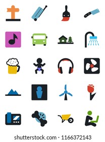 Color and black flat icon set - suitcase vector, airport bus, male, baby, shower, wheelbarrow, broken bone, signpost, tulip, headphones, themes, music, house with tree, mountains, beer, knife, fan