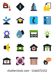 Color and black flat icon set - house vector, warehouse storage, office building, estate document, sweet home, alcove, control, fingerprint, irrigation, water, bulb, sound, jalousie, garage gate
