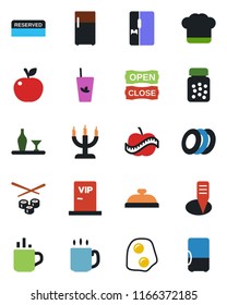 Color and black flat icon set - hot cup vector, plant label, pills bottle, diet, coffee, fridge, alcohol, cook hat, reserved, reception, phyto bar, plates, candle, vip zone, open close, sushi
