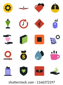 Color and black flat icon set - plane vector, pennant, mouse, coffee, sun, heart, shield, hand, lungs, stop button, record, brightness, blank box, panel, city house, water, smoke detector, money bag