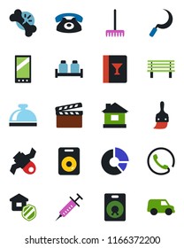 Color and black flat icon set - reception bell vector, circle chart, rake, house, sickle, bench, syringe, broken bone, satellite, clapboard, speaker, mobile, themes, phone, estate insurance, car
