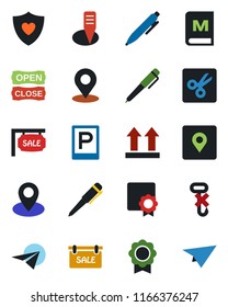 Color and black flat icon set - parking vector, pen, plant label, heart shield, pin, up side sign, no hook, cut, place tag, sertificate, sale, menu, open close, paper plane