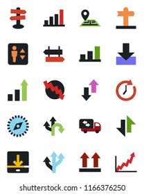 Color and black flat icon set - elevator vector, signpost, growth statistic, crisis graph, route, navigation, up side sign, data exchange, download, compass, bar, moving, clock