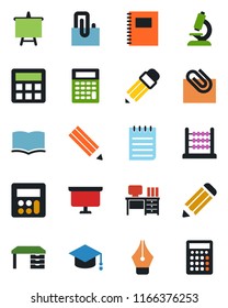 Color and black flat icon set - book vector, graduate, desk, notepad, presentation board, pencil, microscope, calculator, copybook, paper clip, abacus, ink pen