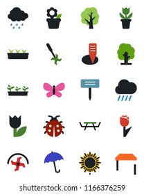 Color and black flat icon set - umbrella vector, sun, flower in pot, ripper, tree, butterfly, lady bug, seedling, rain, plant label, picnic table, tulip