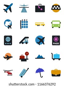 Color and black flat icon set - plane vector, runway, taxi, suitcase, baggage trolley, airport bus, umbrella, passport, ladder car, helicopter, seat map, luggage scales, globe, mountains, case