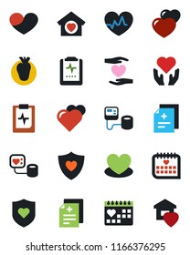 Color and black flat icon set - heart vector, pulse, diagnosis, blood pressure, shield, hand, real, medical calendar, clipboard, sweet home