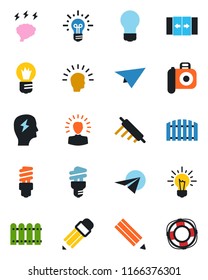 Color and black flat icon set - automatic door vector, brainstorm, bulb, camera, pencil, fence, rolling pin, energy saving, shining head, idea, paper plane, crisis management