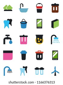 Color and black flat icon set - trash bin vector, shower, bucket, tooth, mobile, blank box, water supply, bathroom, serviette, filter, windmill