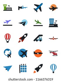 Color and black flat icon set - plane vector, departure, arrival, ladder car, boarding, helicopter, seat map, globe, airport building, rocket, paper, air balloon