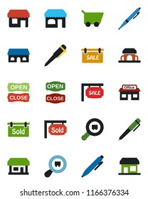Color and black flat icon set - shop vector, pen, store, search cargo, sale, sold signboard, cafe building, open close, cart, storefront