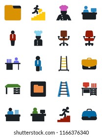 Color and black flat icon set - manager vector, desk, place, ladder, folder, career, cook, office chair, case