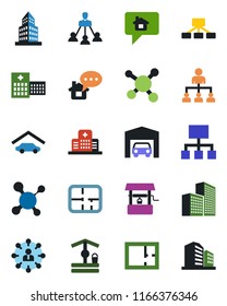 Color and black flat icon set - hierarchy vector, well, molecule, hospital, office building, garage, plan, home message