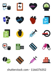 Color and black flat icon set - heart pulse vector, diagnosis, syringe, blood pressure, pills, blister, tomography, real, clipboard, hospital