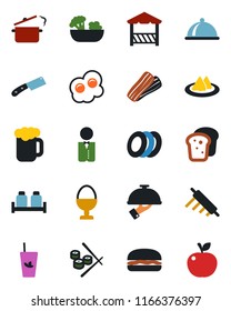 Color and black flat icon set - waiter vector, dish, serviette, phyto bar, beer, salad, plates, bacon, egg stand, salt and pepper, bread, alcove, hamburger, rolling pin, knife, steaming pan, sushi