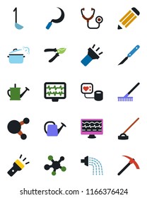 Color and black flat icon set - pencil vector, rake, watering can, pruner, hoe, sickle, monitor pulse, stethoscope, blood pressure, scalpel, share, torch, ladle, steaming pan, hard work