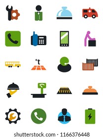 Color and black flat icon set - airport bus vector, phone, reception bell, baby room, ambulance car, office, support, client, cargo container, heavy scales, mobile, call, root setup, waiter, battery
