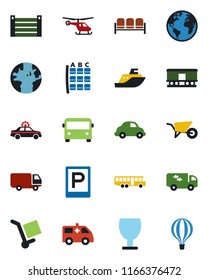 Color and black flat icon set - airport bus vector, parking, waiting area, alarm car, helicopter, seat map, wheelbarrow, ambulance, earth, sea shipping, delivery, container, fragile, cargo, railroad