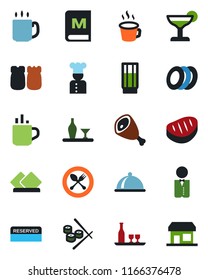 Color and black flat icon set - hot cup vector, spoon and fork, coffee, waiter, cook, dish, alcohol, menu, reserved, drink, cocktail, plates, salt pepper, steak, ham, sushi, serviette, storefront