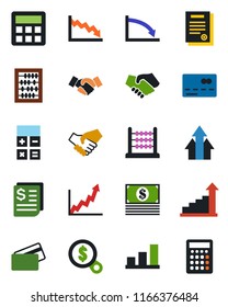 Color and black flat icon set - credit card vector, handshake, growth statistic, calculator, abacus, receipt, bar graph, contract, arrow up, crisis, money search, cash
