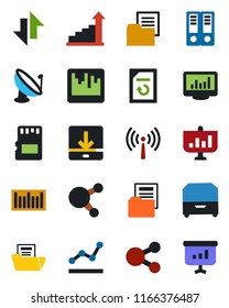 Color and black flat icon set - antenna vector, growth statistic, office binder, document reload, folder, barcode, satellite, share, scanner, sd, data exchange, download, monitor statistics