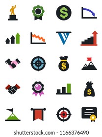 Color and black flat icon set - handshake vector, growth statistic, dollar sign, pedestal, medal, money bag, sertificate, bar graph, target, arrow up, motivation, pennon, crisis, certificate