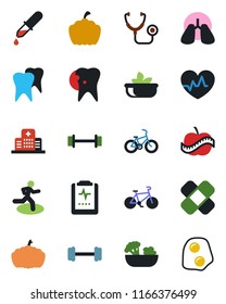Color and black flat icon set - pumpkin vector, heart pulse, stethoscope, dropper, patch, barbell, bike, run, lungs, tooth, caries, clipboard, diet, hospital, salad, omelette