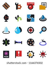 Color and black flat icon set - passport vector, bed, water drop, pond, heart diagnostic, pills blister, ambulance star, route, important flag, folder document, reel, application, root setup, target