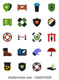 Color and black flat icon set - fence vector, security gate, trash bin, safe, glove, boot, patch, heart shield, umbrella, protect, eye id, water filter, crisis management, palm sproute
