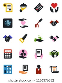 Color and black flat icon set - handshake vector, document, garden fork, saw, heart hand, client, fingerprint id, waiter, remote control, combination lock, palm sproute, contract