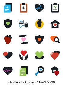Color and black flat icon set - heart vector, pulse, diagnosis, blood pressure, diagnostic, shield, hand, real, clipboard, sweet home