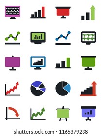 Color and black flat icon set - growth statistic vector, presentation board, crisis graph, monitor pulse, statistics, bar, pie, point