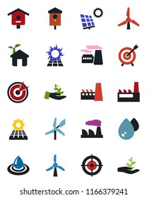 Color and black flat icon set - factory vector, bird house, target, sun panel, windmill, eco, water, palm sproute