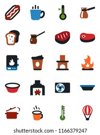 Color and black flat icon set - coffee vector, fire, fireplace, air conditioner, bread, steak, hot dog, bowl, steaming pan, turkish, water heater, thermometer, balloon